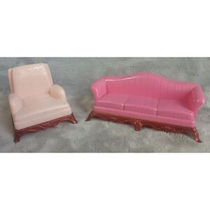 Vintage Renwal Plastic Dollhouse Furniture Pink Sofa and Peach Armchair Set USA